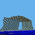 Modern Garden Landscape With Intricate Mesh Arch Structure And Blue Water Surface