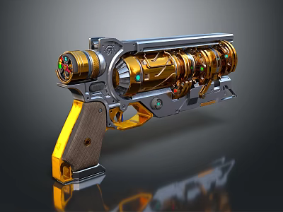 Futuristic Sci Fi Gun With Golden Silver Metal Parts Wooden Grip And Green Glowing Elements 3d model