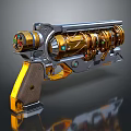 Futuristic Sci Fi Gun With Golden Silver Metal Parts Wooden Grip And Green Glowing Elements