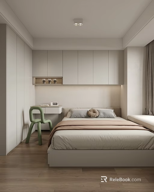 Modern Tatami Bedroom Interior Design With Storage Cabinets Desk And Green Chair 3d model 