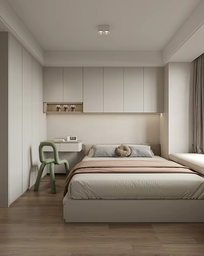 Modern Tatami Bedroom Interior Design With Storage Cabinets Desk And Green Chair 3d model