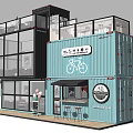 Two Story Blue Container Building Cafe With Glass Facade Bicycle Sign And Outdoor Bar Chairs