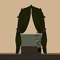 Elegant Green Velvet Curtains With Pleated Top Decorative Flowers And Potted Plant