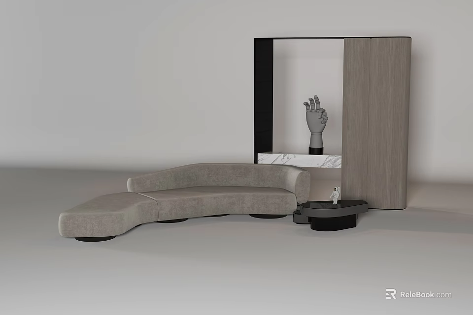 Abstract Shape Gray Fabric Sofa Featuring Curved Design With Side Table And Mirror 3d model