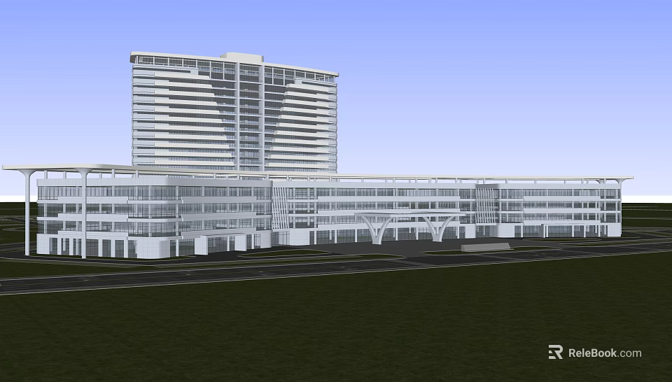 Modern High Rise Building With Glass Facade Low Rise Structure Green Area And Road 3d model 