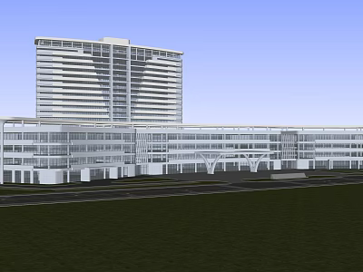 Modern High Rise Building With Glass Facade Low Rise Structure Green Area And Road 3d model