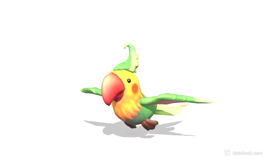 Cute Cartoon Parrot With Green Crest Yellow Body Red Beak And Spread Wings 3d model 