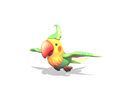 Cute Cartoon Parrot With Green Crest Yellow Body Red Beak And Spread Wings 3d model
