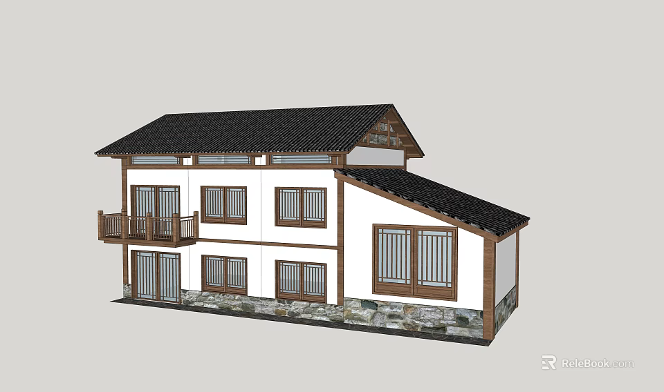 Traditional Rural Self Built House With Black Tile Roof Wooden Windows And Balcony 3d model 