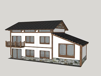 Traditional Rural Self Built House With Black Tile Roof Wooden Windows And Balcony 3d model