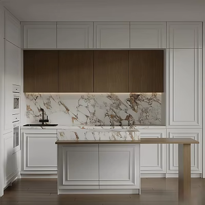 Elegant Modern Kitchen Interior With White Cabinets Wooden Upper Cabinets Marble Backsplash And Island 3d model