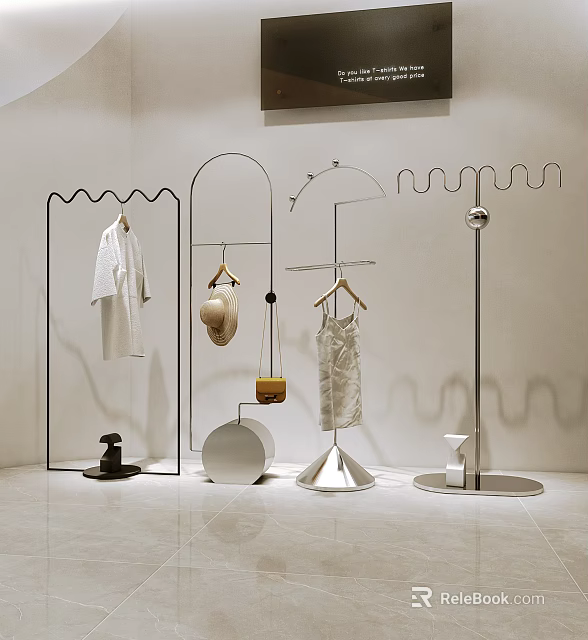 Modern Clothing Hangers With Various Stylish Designs Displaying Clothes And Small Bag 3d model 