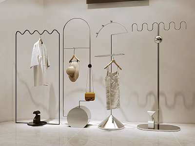Modern Clothing Hangers With Various Stylish Designs Displaying Clothes And Small Bag 3d model