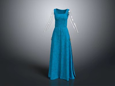Blue Sleeveless Long Dress With Elegant Patterned Design For Formal Events 3d model