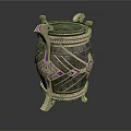 Decorative Barrel with Intricate Metal Accents and Purple Patterns on Ornate Feet Base