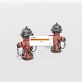 Outdoor Street Red Public Fire Hydrants With Black Tops And Hanging Chains
