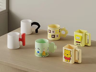Colorful Cartoon Character Mugs With Winnie The Pooh And SpongeBob Designs On Wooden Table 3d model