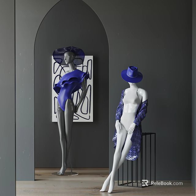 Stylish Mannequins Displaying Blue Attire White Coat And Hats Against Gray Wall With Arched Artwork 3d model 