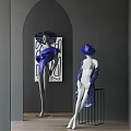 Stylish Mannequins Displaying Blue Attire White Coat And Hats Against Gray Wall With Arched Artwork