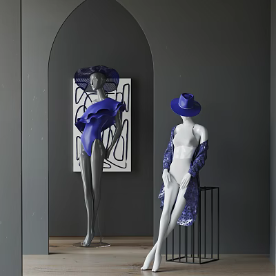 Stylish Mannequins Displaying Blue Attire White Coat And Hats Against Gray Wall With Arched Artwork 3d model