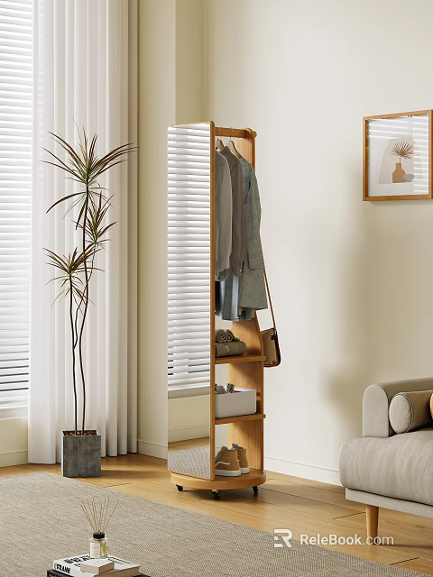 Wooden Clothes Rack With Hanging Clothes Bag And Potted Plant Near Window Blinds 3d model 