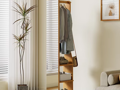 Wooden Clothes Rack With Hanging Clothes Bag And Potted Plant Near Window Blinds 3d model