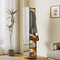 Wooden Clothes Rack With Hanging Clothes Bag And Potted Plant Near Window Blinds