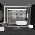 Modern Bathroom Interior With Round Mirror Marble Countertop Freestanding Bathtub And Shower Blinds