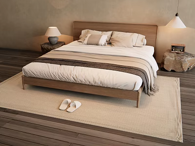 Double Bed With Wooden Headboard Beige Linens Nightstands And Slippers On Rug 3d model