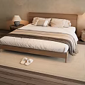 Double Bed With Wooden Headboard Beige Linens Nightstands And Slippers On Rug