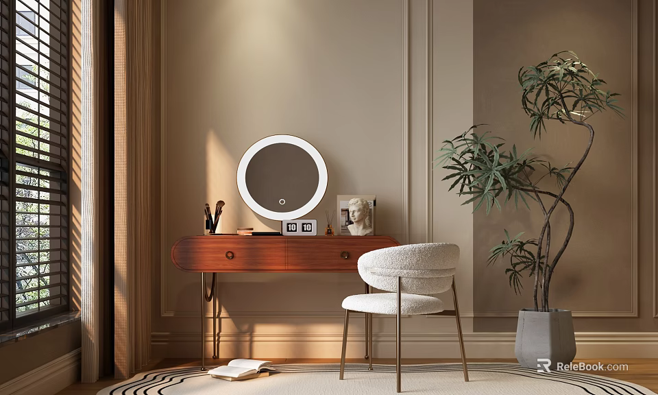 Elegant Dressing Table With Round Mirror Chair And Potted Plant In Beige Room 3d model 