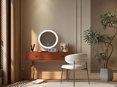 Elegant Dressing Table With Round Mirror Chair And Potted Plant In Beige Room 3d model