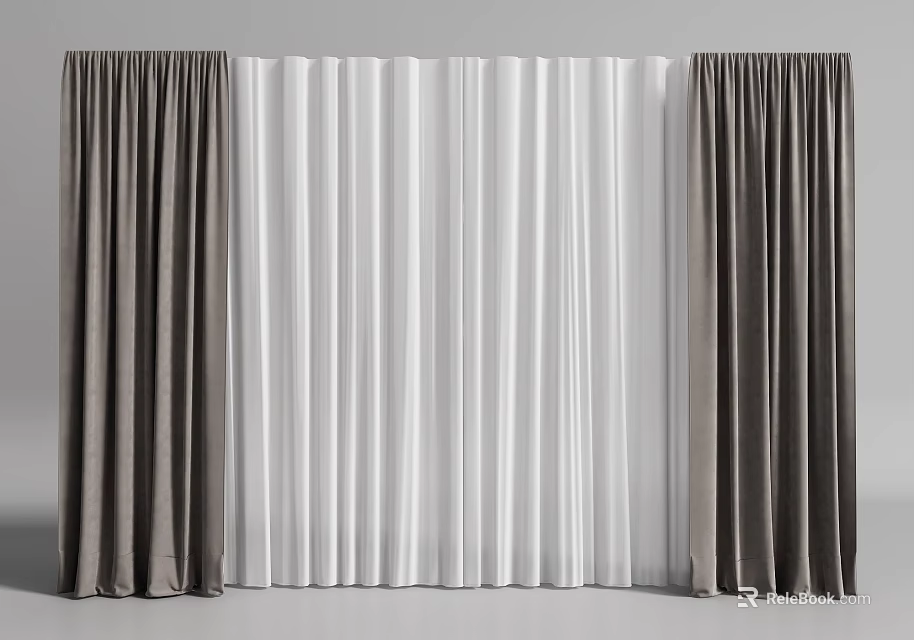 Modern Double Layer Gray and White Velvet Curtains for Interior Design 3d model 