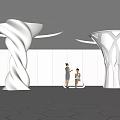 White Spiral And Tree Like Lattice Columns In Modern Interior With Circular Ceiling Lighting 3d model