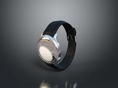 Stylish Modern Watch With Black Leather Strap And Silver Round Dial 3d model