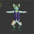 Animated Game Movie Cat Character With Colorful Fur Purple Vest Red Gloves And Brown Boots