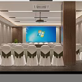 Modern Conference Room Interior Design With Projection Screen White Chair Covers And Green Bows