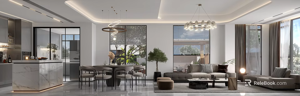 Modern Dining and Living Room Interior Featuring Dining Table Chairs Sofa Pendant Lights and Plants 3d model 