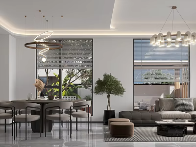 Modern Dining and Living Room Interior Featuring Dining Table Chairs Sofa Pendant Lights and Plants 3d model