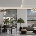 Modern Dining and Living Room Interior Featuring Dining Table Chairs Sofa Pendant Lights and Plants