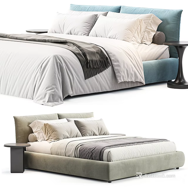 Modern Double Bed Featuring Upholstered Headboard Comfortable Pillows Soft Bedspread And Nightstand 3d model 