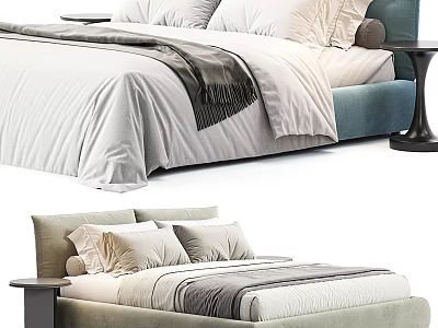 Modern Double Bed Featuring Upholstered Headboard Comfortable Pillows Soft Bedspread And Nightstand 3d model