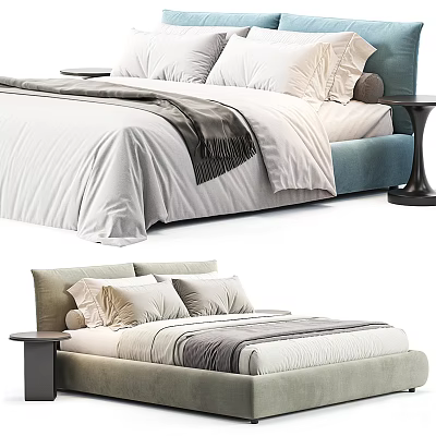 Modern Double Bed Featuring Upholstered Headboard Comfortable Pillows Soft Bedspread And Nightstand 3d model