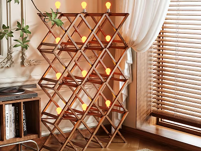 Abstract Geometric Floor Lamp With Wooden Lattice Frame And Warm Lighting For Home Decor 3d model