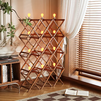 Abstract Geometric Floor Lamp With Wooden Lattice Frame And Warm Lighting For Home Decor 3d model