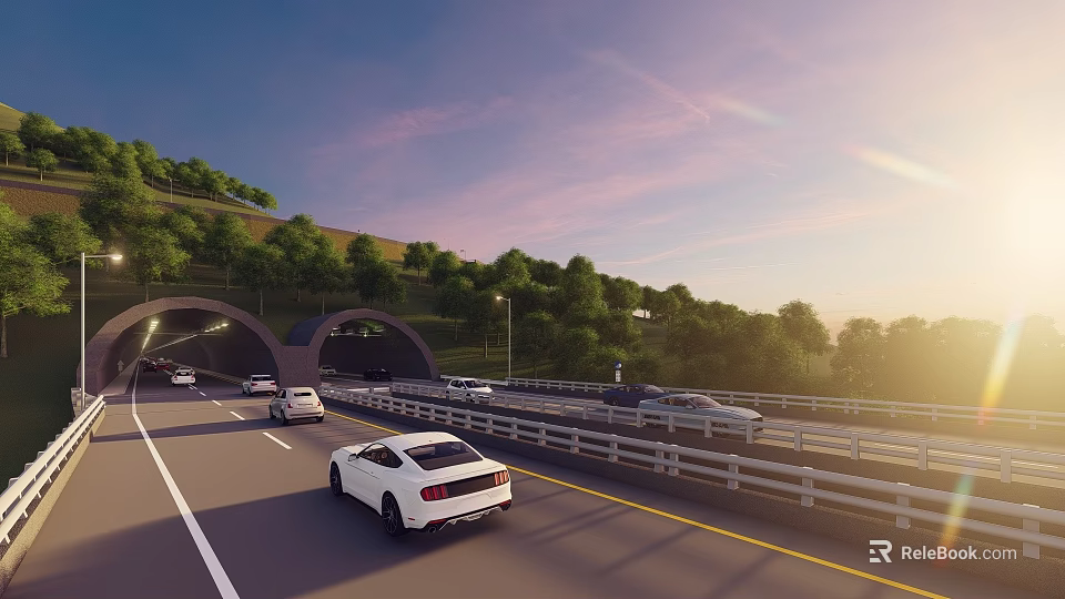 Road Infrastructure with Tunnel Multi lane Road Moving Vehicles Guardrails and Greenery at Sunset 3d model 