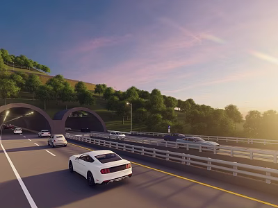 Road Infrastructure with Tunnel Multi lane Road Moving Vehicles Guardrails and Greenery at Sunset 3d model
