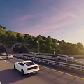 Road Infrastructure with Tunnel Multi lane Road Moving Vehicles Guardrails and Greenery at Sunset