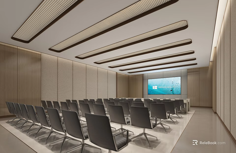 Modern Conference Room Interior With Rows Of Chairs Projection Screen And Linear Ceiling Lights 3d model 