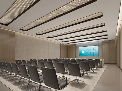 Modern Conference Room Interior With Rows Of Chairs Projection Screen And Linear Ceiling Lights 3d model